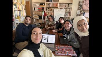Weekly Media Team meeting in the lab with Eva Jabbari, Aaminah Mohammad, Yara Kaadan, Nour Taha, Max Gouvalaris, and Hadil Djadri, February 5 2024